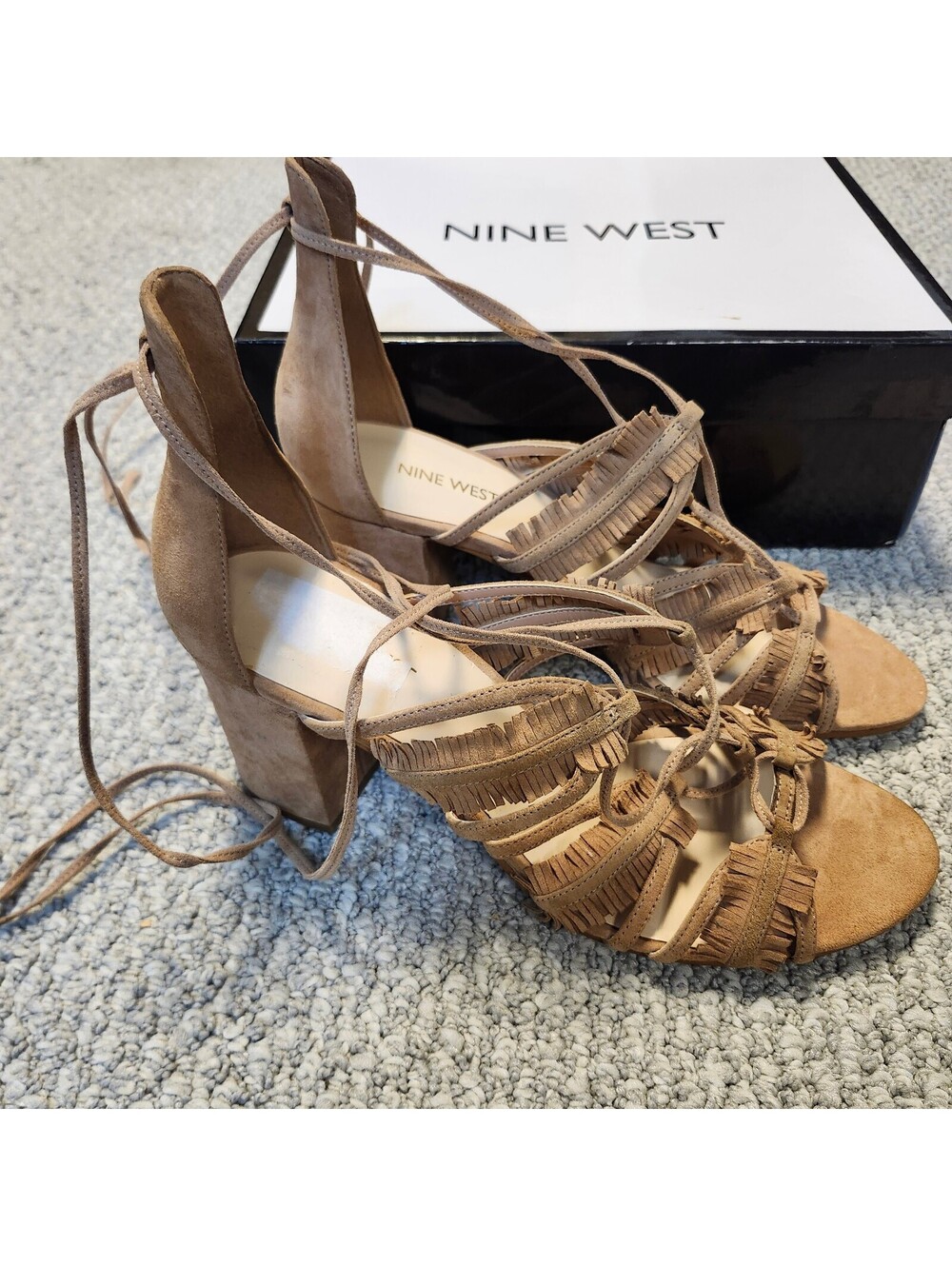 Nine West Natural Suede Lace-Up Block Heel Sandals Size 10 New